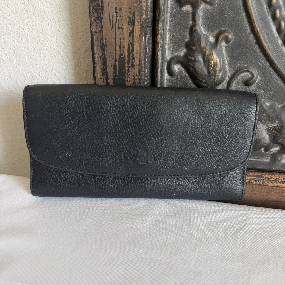 Vintage COACH Black Leather Trifold Wallet Push Lock Snap Coin Compartment